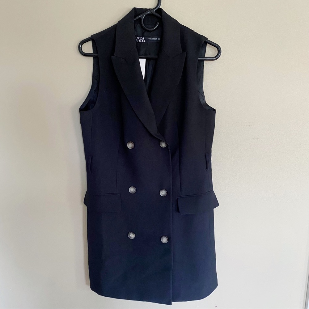 Zara double breasted button front mini suit dress sz m black